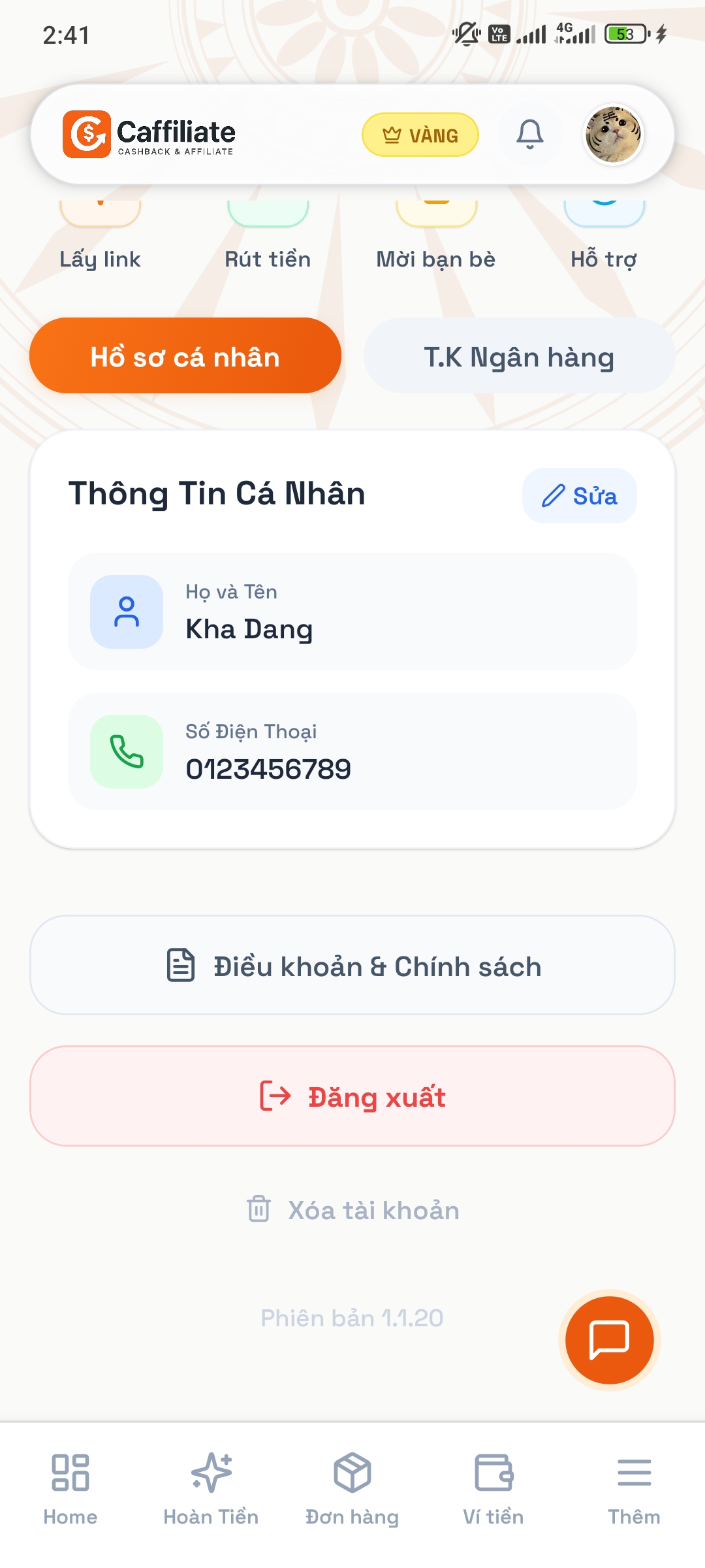 Màn hình xoá tài khoản trong app Caffiliate